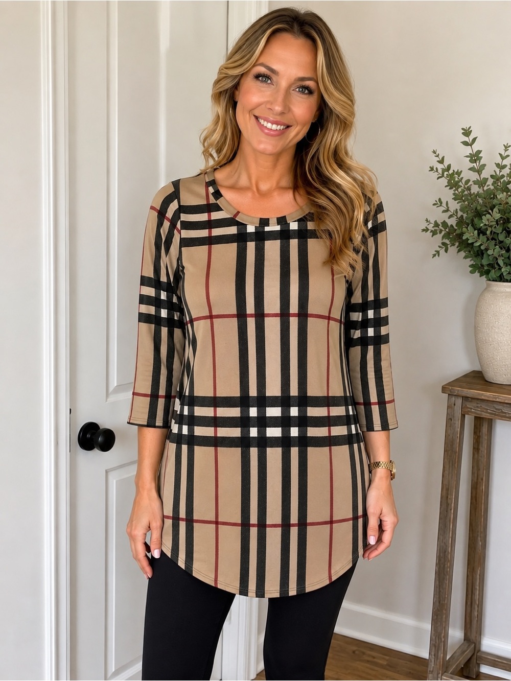 Beige Plaid Women's Top with 3/4 Sleeves